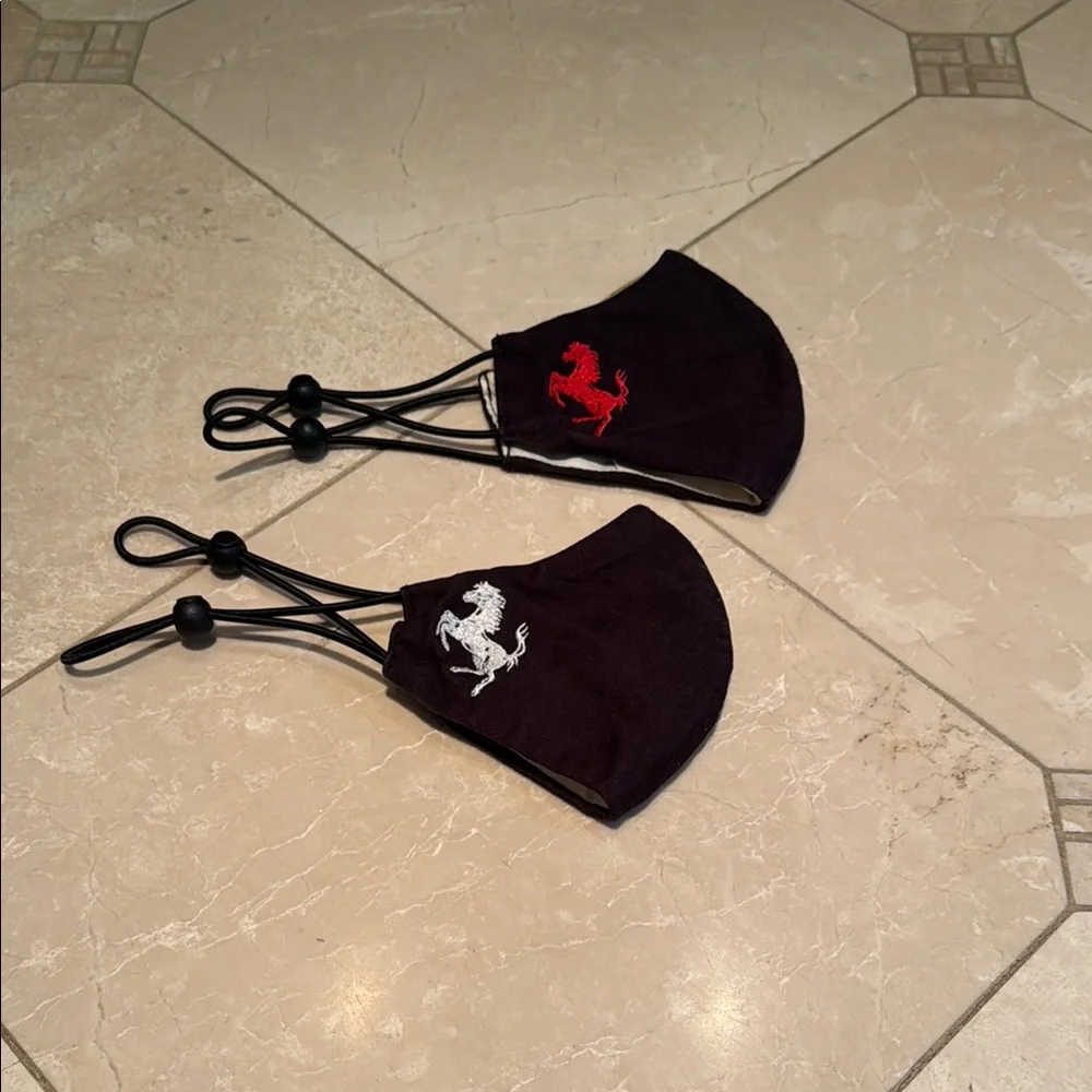 Black Ferrari Face Masks with Embroidered Logos in red and white